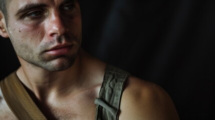 Man of Caucasian descent wearing a sling on his arm