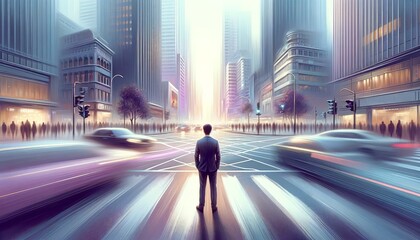 Fototapeta premium Businessman standing at the crossroads of a busy city intersection, symbolizing choices in business