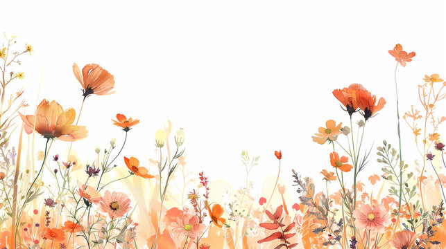 Wild meadow flower in spring watercolor in pastel color background illustration for banner, greeting card, poster, invitation. Peach fuzz color. Copy space