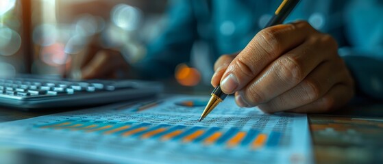 Hand Analyzing Financial Report with Pen and Calculator.
