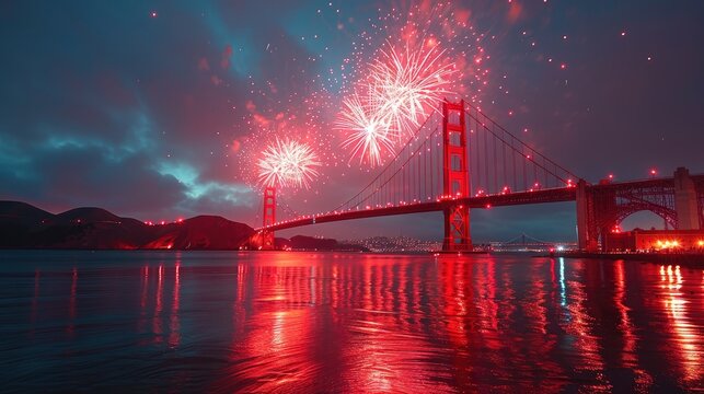 A fireworks display over the Golden Gate Bridge.