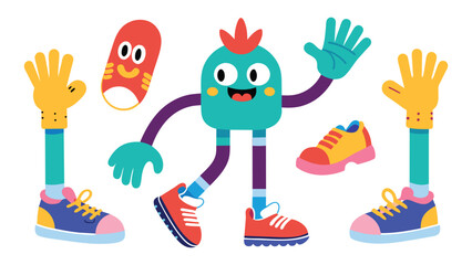 Cartoon hands and leg. Retro color comic leg in sneakers, mascot arm and hand, feet in trainers walking, expression pose, cute doodle gesture. illustration Vector set.