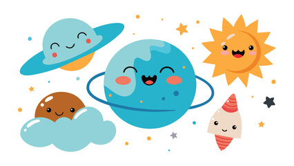 Cartoon nature mascots, cute earth, funny sun, cloud, smiling star and planet with emotion. Poster with comic elements. Vector set