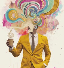 Wearing a yellow suit, tie and white shirt, a man holds a coffee cup in his hand. Colorful swirls surround his head in the style of a surreal collage