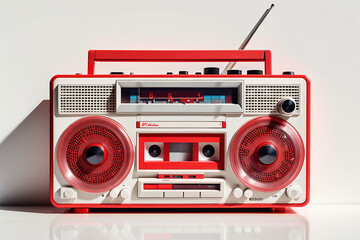 Classic old red radio cassette tape recorder on white table and white wall background. Retro style