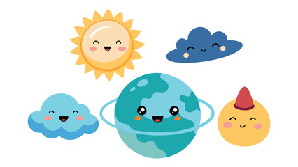 Retro weather characters. Cartoon nature mascots, cute earth, funny sun, cloud, smiling star and planet with emotion. Poster with comic elements. Vector set