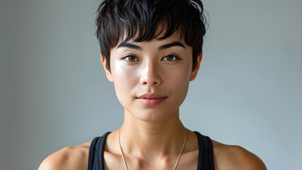 Pixie Cut Zen: Asian Woman in Yoga Attire, Short Hair Serenity: Asian Girl in Yoga Outfit, Yoga Chic: Pixie Cut on Asian Woman, Tranquil Pixie Cut: Asian Woman in Yoga Gear