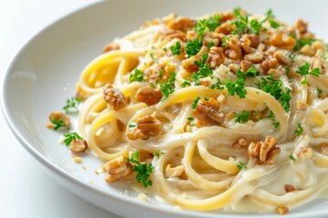 Flavorful Alfredo Linguine with Nuts and Fresh Parsley