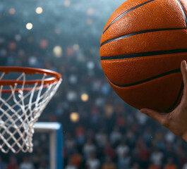 A basketball player throws the ball into the basket.