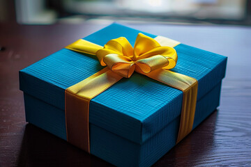 Bright blue colored cardboard box with golden yellow bow and ribbons placed on table. - Powered by Adobe