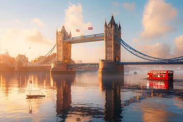 Cityscape of Tower Bridge at Sunset with Union Jack Flag, London, UK - A Blend of History &...