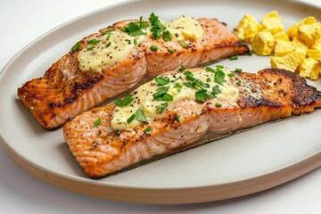 Delicious Alder-Planked Salmon with Fluffy Egg Sauce and Fresh Herb Finish