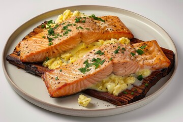 Grilled Salmon with Buttery Egg Sauce and Vibrant Green Finish
