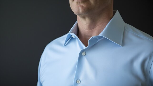 Close up of a confident businessman wearing blue shirt standing against grey background.