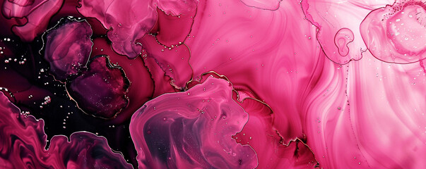 Hot pink and electric black modern abstract background, alcohol ink with oil texture.