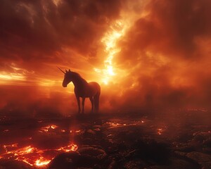 A dark unicorn stands on a lava field as a volcano erupts in the background.