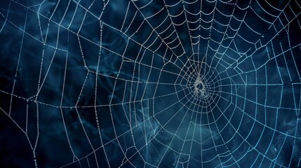 Fototapeta premium Dew-kissed spiderweb on moody blue background