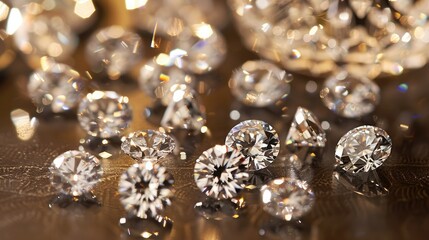 close up Brilliant cut diamonds arranged on a sleek table