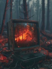 An eerie setting with a computer showing a live feed of a distant wildfire