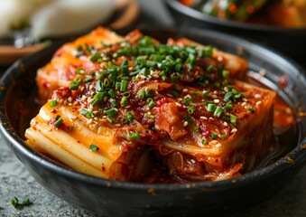 Close up Korean homemade food, Kimchi cabbage in black bowl.