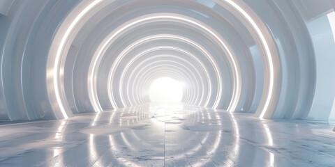 Obraz premium A 3d render of an empty white tunnel with light at the end, featuring a white background in a futuristic and minimalistic style.