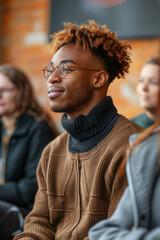 Fototapeta premium A diverse group of people sitting in a circle, having a conversation during a support meeting for mental health care and emotional wellbeing at an office.