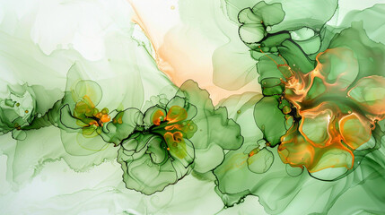 Lush green and pale orange alcohol ink painting, abstract with rich oil paint texture.
