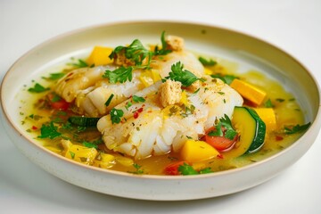 Flavorful Alaska Cod Acqua Pazza in a Shallow Bowl