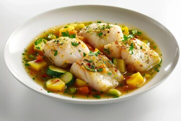 Flavorful Alaska Cod Acqua Pazza in a Shallow Bowl