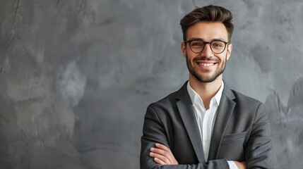Handsome young businessman in eyeglasses standing with crossed arms and looking at camera