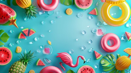 3D render, top view of summer background with inflatable flamingo and watermelon swim rings on a blue colored surface