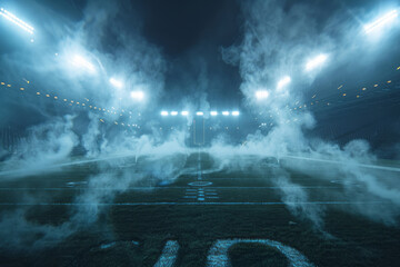 An American football stadium with a dark background, featuring smoke and lighting effects.