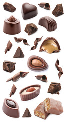 Set of many different chocolate candies on white background