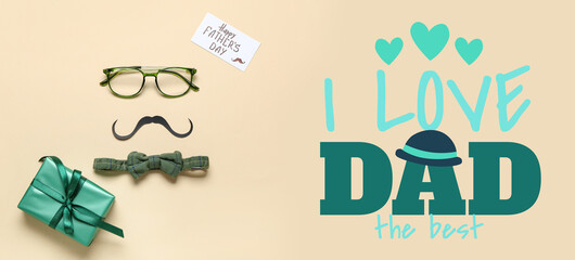 Paper with text HAPPY FATHER'S DAY, eyeglasses, mustache, bow and gift on beige background