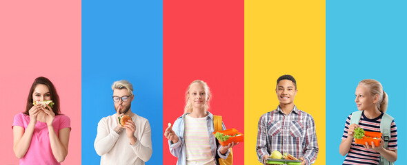 Set of different people with lunch on color background