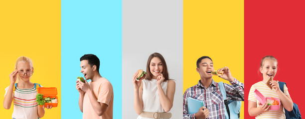Set of people with lunch on color background