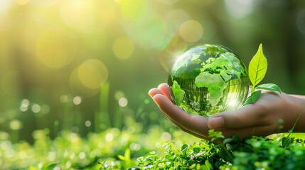 Hand holding a crystal globe with green continents over lush foliage under bright sunlight, symbolizing ESG, Sustainability, Global conservation, Save the earth, Earth day and World environment day.