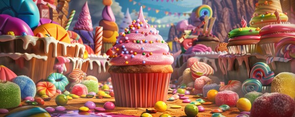 Naklejka premium Enchanted candy landscape with cupcake centerpiece