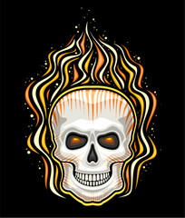 Vector logo for Burning Skull, decorative sign with illustration of devilish fiery skull with glowing eyes, retro cartoon design style of yellow burning skull for motorbike decor on black background