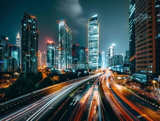 Obraz premium Vibrant Nighttime Cityscape with Light Trails and Skyscrapers