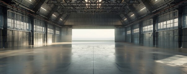 Spacious modern hangar interior with open gates