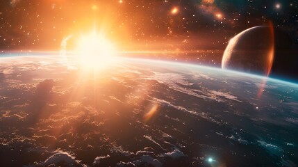 Craft a visual masterpiece portraying the inaugural sunbeam illuminating Earth's surface.