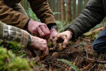 Hands unearth prized truffles from rich soil in lush forest grove.
