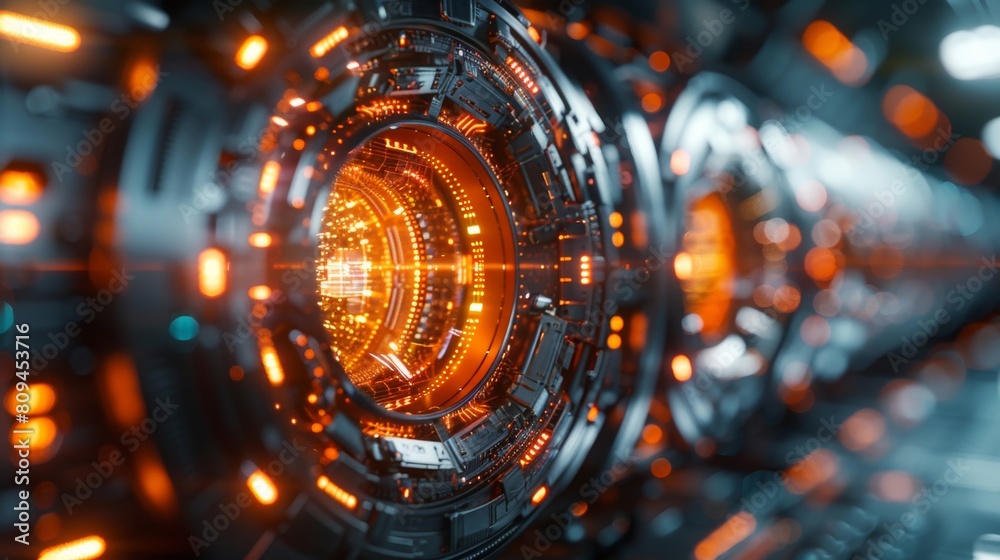 Poster close-up of a glowing quantum processor core in a high-tech lab setting, styled like a hyper-realist