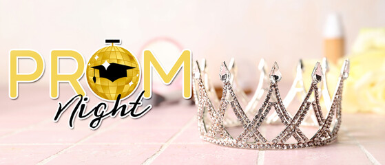 Beautiful tiara on pink tile table, closeup. Prom concept © Pixel-Shot