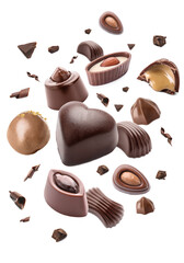 Set of flying chocolate candies on white background