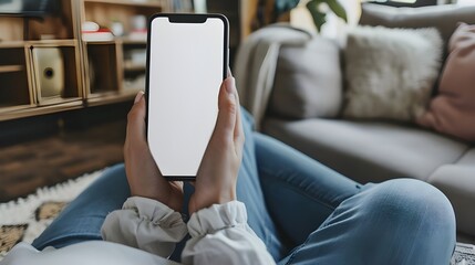 Happy young woman holding mobile smartphone with blank white screen background while resting on the sofa in living room at home