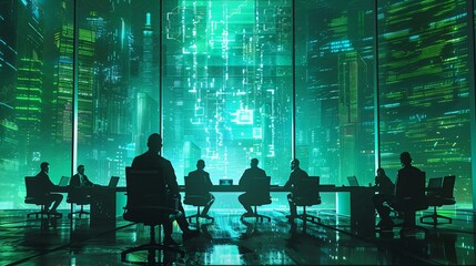 corporate boardroom scene in a modern illustration style, featuring executives discussing over a holographic display of a quantum computer