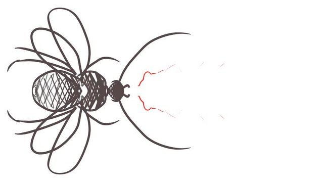 On one side of the image various insects appear, both winged and terrestrial. Colored electrical discharges or lightning come out of the chelicerae of these animals.