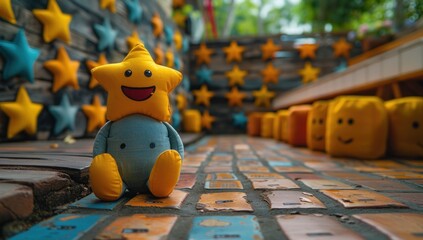 Naklejka premium Explore the concept of scale by juxtaposing the yellow figure against oversized customer rating signs, exaggerating its diminutive size for comedic effect.